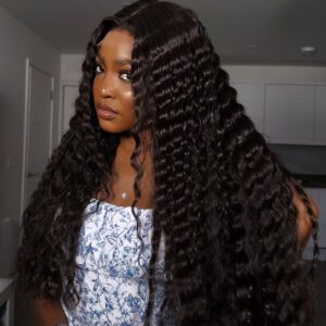 Natural straight wig styled in crimps